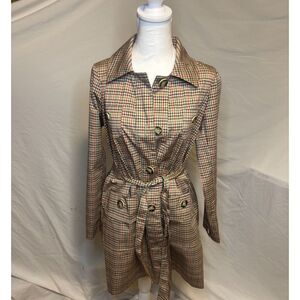 Cabi Sherlock Multicolor Houndstooth Plaid Trench Pea Coat Womens Designer